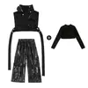 Disfraces de Jazz para Niñas de Otoño Atuendos de Performance Geniales y Modernos Estilo Motociclista Negro Conjunto Oscuro con Cadena Ropa de Performance Infantil
