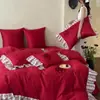Romântico Francês Novo Casamento Algodão de Fibra Longa Manual Bouquet Bordado Renda de Algodão Puro Capa de Edredom Casamento Vermelho Dote Roupa de Cama