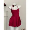 Vestido Rojo Elegante de Alta Gama Estilo Francés con Tirantes Finos Domi, Uniforme Sexy sin Espalda para Citas Camisón para Mujer