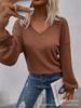 Producto Nuevo Transfronterizo para Sitios Web Independientes Primavera/Verano 2025: Camiseta de punto gofrado con cuello en V y manga larga para mujer, informal, versátil, manga de farol