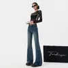 Jeans de Micro-Bota para Mujer, Estilo Americano Patchwork Retro Primavera 2026 Nuevos Pantalones Acampanados Elásticos de Cintura Alta Ajustados