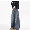 Jeans rectos holgados de lavado retro americano para hombre, marca de moda urbana cleanfit pantalones casuales de pierna ancha curvada