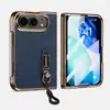 Capa de celular dobrável iPhone Duo com textura de couro retrô, suporte de anel, borda galvanizada Apple Duo e cordão
