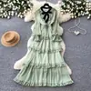 Vestido Longo de Manga Comprida com Bolinhas Estilo Doce Francês para Mulheres, Vestido Bolo de Camadas com Laço e Babados para Outono, Design de Nicho