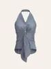 Estilo Europeu e Americano Garota Picante Moda Top Halter Listrado Costas Nuas com Amarração Colete Sem Mangas com Amarração Estilo Francês Design Slim-Fit