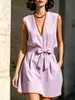 Vestido de verão elegante europeu e americano transfronteiriço Amazon 2026 novo, sem mangas, decote V, acinturado, para mulheres