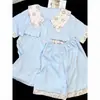 Pijama Azul Rilakkuma Novo Estilo de Celebridade da Internet para Mulheres, Conjunto de Duas Peças com Shorts de Manga Curta para o Verão, Pode Ser Usado Fora de Casa como Conjunto de Loungewear