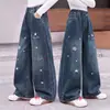 Jeans para niños para primavera y otoño, pantalones elegantes de pierna ancha para niñas, prendas exteriores casuales holgadas para niños mayores, pantalones rectos versátiles, modernos