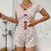 Ropa de estar para mujer de venta cruzada más vendida en Europa y América: Conjunto de pijama de punto acanalado, con estampado de corazones, cuello redondo y manga corta, con pantalón a juego