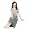 Novo Vestido de Verão de Estilo Chinês Falso de Duas Peças para Mãe Vestido Solto Emagrecedor de Manga Curta para Mulheres de Meia-Idade e Idosas