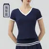 Camiseta Feminina de Verão para Treinamento de Tênis, Gola V, Blocos de Cor, Manga Curta, Slim Fit, Top para Yoga, Fitness