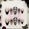 2026 Novas Unhas Pretas Francesas Usáveis de Halloween Mão Pintadas A Máscara do Grito Aranha Amêndoa Nail Art Unhas Pontas de Unha