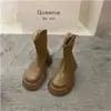 Botines tipo Martin de Punta Redonda para Mujer, Tendencia Otoño e Invierno 2025, Color Caqui Té con Leche, Diseño Francés de Nicho, Botines Cortos