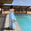 Vestido Azul Único y Hermoso de Estilo Francés con Cuello Halter y Cintura Fruncida para Mujer, Vestido Largo Estampado de Gasa sin Espalda para Vacaciones de Verano en la Playa