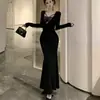 Vestido longo sexy estilo transfronteiriço, falso duas peças, cor sólida, renda emendada, plissado, para mulheres, outono, modelagem justa, acinturado, estilo sereia