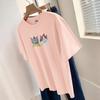 Camiseta de algodón grueso de 260 g para mujer, manga corta, diseño estampado de marca de moda de Hong Kong, cuello redondo, manga corta holgada.