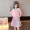 Saia Plissada Feminina Traje JK Verão Nova Moda Roupa Infantil Estilosa Saia Xadrez Roupa de Verão Estilo Preppy Feminino Conjunto de Duas Peças