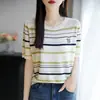 Camiseta de Punto a Rayas Color-Block de Lyocell Estilo Verano Nuevo Camiseta de Manga Corta Transpirable Ajustada con Dibujos Animados para Mujer Cuello Redondo Estilo Coreano