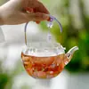 Juego de té de vidrio resistente al calor con calcomanía aplicada a mano, con una tetera y dos tazas, exquisita cesta con forma de pétalo, tetera individual