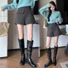 Shorts casuales para mujer, nuevos shorts de traje de lana de cintura alta para otoño e invierno con bolsillos, pantalones grises de pierna ancha