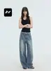 Jeans rectos lavados en azul vintage estilo americano Fengmei, unisex, corte holgado, versátiles, con un diseño de pierna ancha desgastado, simple, moderno y casual