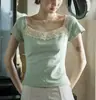 Lalagjow Camiseta de Encaje Calada Estilo Francés Vintage Hecha a Mano a Crochet Ajustada de Manga Corta para Mujer, Top Transpirable para el Verano
