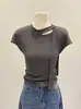 Top de Verano Chic con Diseño de Cinta, Hueco Redondo de Manga Corta Estilo Francés para Mujer, Efecto Adelgazante Impresionante, Camiseta con Mangas Acampanadas, Puro Deseo
