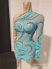 Vestido de Malla Europea y Americana con Pedrería para Mujer, Fiesta de Cumpleaños, Manga Larga, Transparente, Azul Cielo, Sexy, Atuendo para Baile de Graduación