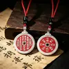 Amuletos de Moneda Cuadrada de Plata Gruesa Estilo Antiguo con Agujero Cuadrado, Espíritu de Montaña Doble Cara con Coloración de Cinabrio y Símbolo Bagua, Colgante Portátil Unisex