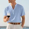 Camisa masculina casual de verão europeia e americana, folgada, gola alta casual masculina, abotoada, linho, manga curta, cor sólida, plus size