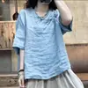 2026 Camisa Versátil de Algodão e Linho com Manga Curta Fina, Gola Cruzada e Botões de Rã, Estilo Chinês Artístico, Nova para o Verão