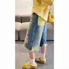 Jeans Rotos de Verano Estilo Retro Nuevo con Estampado de Dibujos Animados y Grafiti para Mujer, Talla Petite, Pantalones Cropped de Pierna Ancha de Gama Alta