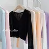 Chaqueta Cardigan de Punto de Seda de Hielo Blanca con Cuello en V para Protección Solar para Mujer Verano Delgado Manga Larga Exterior Corto Camisa Fresca Verde