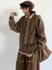 Suéter Cardigan Neutro com Listras Maillard para Outono e Inverno para Meninos e Meninas Estilo Preppy Gola V Retrô Tricotado Jaqueta de Casal