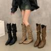 Botas altas retro marrones con boca en V para mujer, zapatos de primavera otoño e invierno 2024, botas vaqueras puntiagudas de estilo occidental.