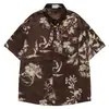 Camisa Vintage de Manga Corta Floral Tinta Marrón Oscuro con Hombros Caídos y Corte Holgado, Top Unisex Retro Trendy
