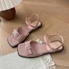 Zapatillas Francesas de Verano 2025 Retro Hebilla de Cinturón de Una Línea Punta Abierta Punta Cuadrada Sandalias Planas para Mujer Tacón Bajo Zapatos Romanos
