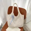 Bolsa tote casual da moda com laço estilo Ins, estilo coreano, grande capacidade, versátil para o dia a dia, bolsa de ombro única, bolsa leve de lona