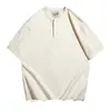 Camisa Polo de Verão para Homens, Estilo Retro Americano, Gola Henley, Manga Curta, Camiseta de Algodão Puro Pesado, Caimento Solto, Top de Cor Sólida