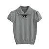 Camiseta de Punto Gris de Manga Corta con Cuello de Muñeca y Lazo para Mujer, Ropa de Verano Única y Hermosa, Camiseta que Reduce la Edad, Top Adelgazante
