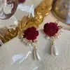 Pendientes de Flor Vintage de Terciopelo Rojo Pendientes de Botón Colgante de Perla Lujo Ligero Lazo Boda Vestido de Novia Vestido de Brindis