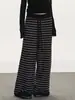 Calça Casual Listrada para Mulheres no Outono e Inverno, Versátil Solta de Perna Larga Reta com Cordão Calça Longa de Tricô Preta