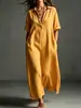 2026 Amazon Europeo y Americano Transfronterizo para Mujer Primavera/Verano Nuevo Vestido de Algodón y Lino Simple Elegante de Color Sólido con Mangas Cortas y Cuello de Solapa