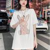 [200g de algodão puro penteado borda] marca de moda indústria pesada coelho strass short-sleeved t- shirt para as mulheres primavera e verão produtos europeus versão grande