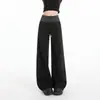 Foto real de pantalones de pierna ancha a rayas, pantalones rectos gruesos de longitud de piso para mujer, otoño/invierno 2026, pantalones casuales versátiles de corte slim con caída