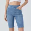 2026 Shorts de Mezclilla Ajustados Elásticos con Bigotes Transfronterizos para Mujer, de Cintura Alta, Control de Abdomen, Adelgazantes, Shorts Deportivos, Pantalones de Cinco Puntos Ajustados