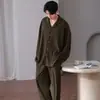 Pijama masculino de algodão puro, dupla face, 40 fios, canelado, 200 gramas, manga longa e calça comprida, conjunto de duas peças de roupa de casa 100% algodão, pode ser usado fora