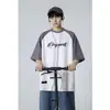 Fabricante Original Cor de Verão Color Block Masculina Solta Estilo Americano Tendência Camurça Retrô Casual Raglan Manga Meia Camiseta