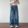 Pantalones Jeans Silueta Bolsillo Multi-Solapa, Marca de Moda Nacional Pareja Calle Retro Lavado Suelto Ropa de Trabajo Pierna Ancha Pantalones Vintage