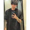 Camiseta retro americana de manga corta de peso pesado para hombre, lavada y desgastada de verano, marca de moda de tendencia de manga media, top fresco y elegante de algodón puro